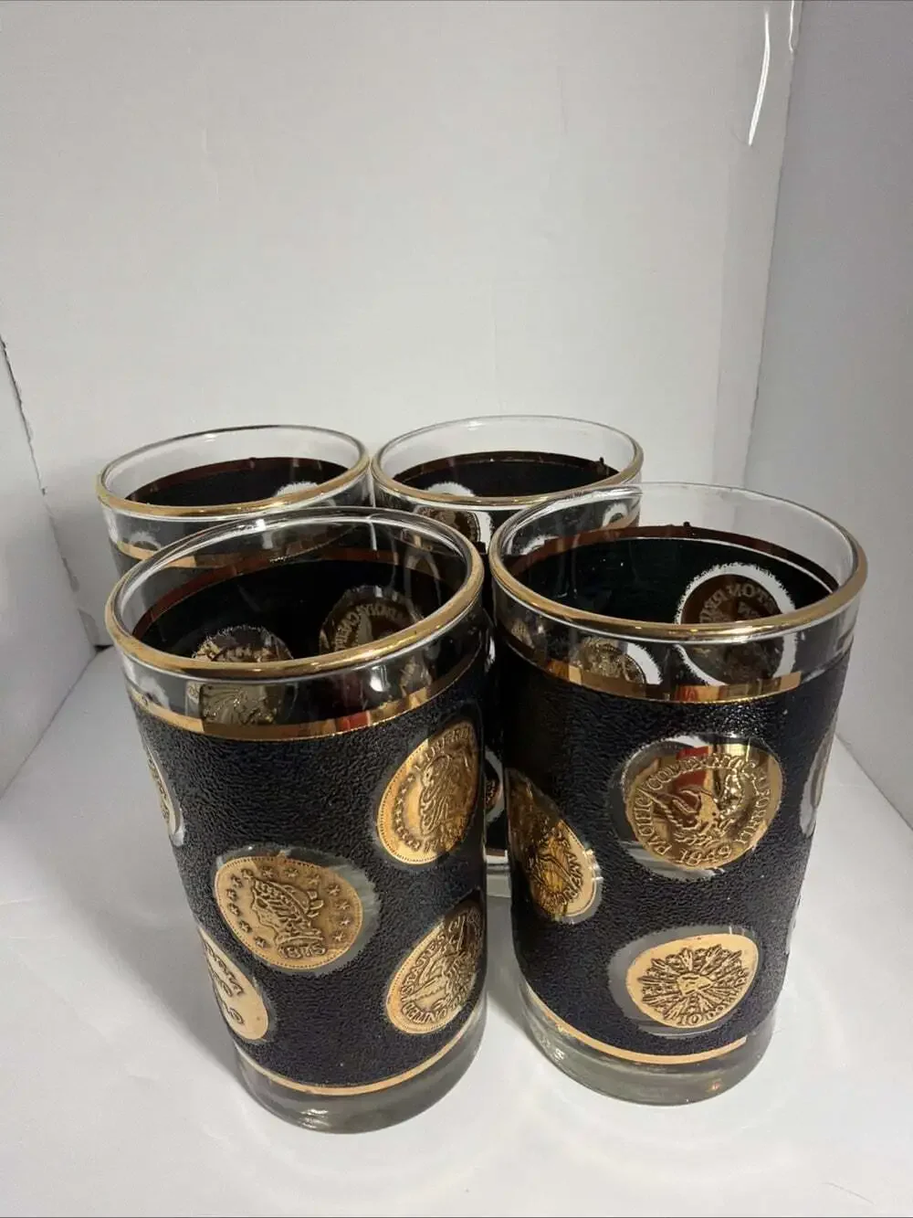 4 VNTG 1960’s Libbey Black Textured 22k Gold Coin Design MCM Tumblers High Ball